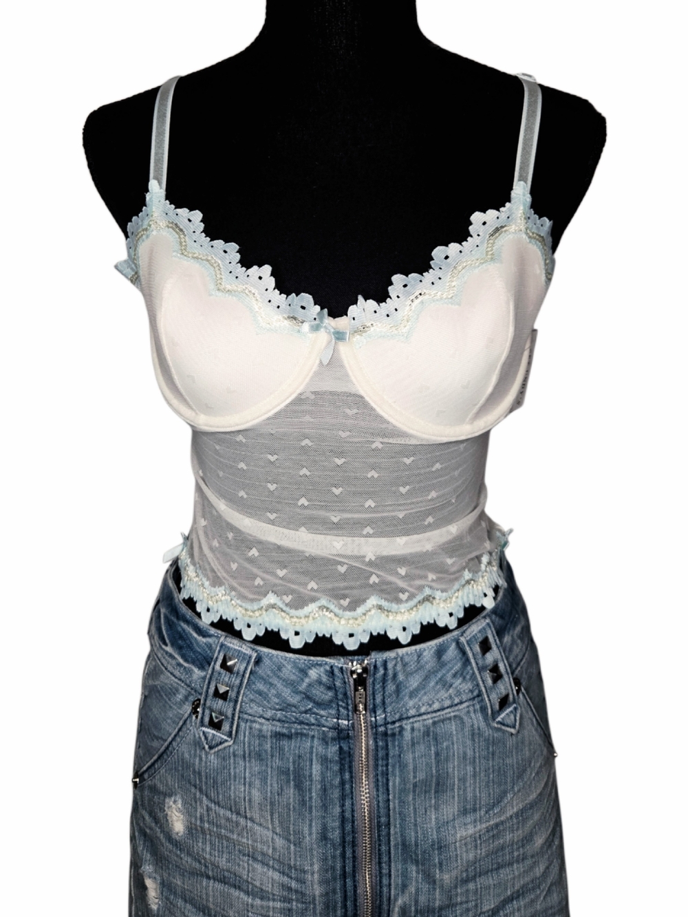 Deadstock Y2k Heart Lace White & Light Blue Bustier Tank Top!